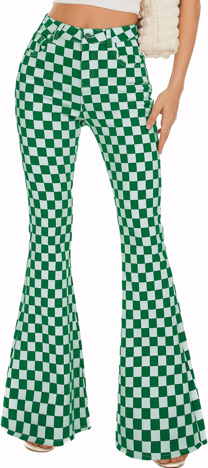 Stylish High Waisted Plaid Bell Bottom Jeans for Women