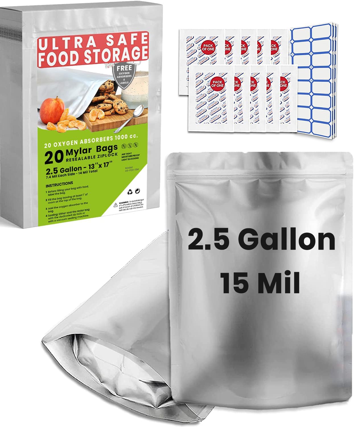 20 Mylar Bags for Food Storage with Oxygen Absorbers Included