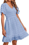 BTFBM V Neck Smocked Short Sleeve Swing Mini Dress - Flowy Summer