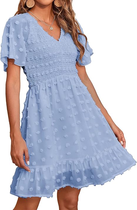 BTFBM Women's V Neck Smocked Short Sleeve Casual Dress Review