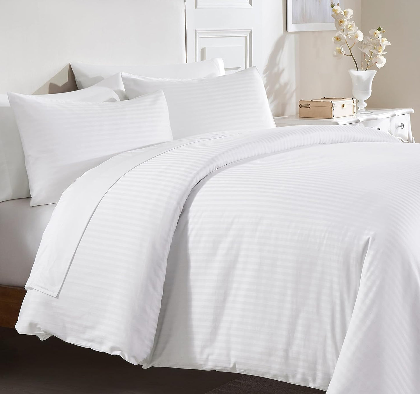 Luxury Striped White Duvet Cover King Size - 400 Thread Count