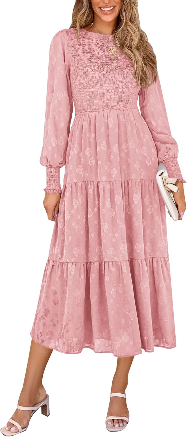 PRETTYGARDEN Women's Long Sleeve Floral Midi Dress with Pockets