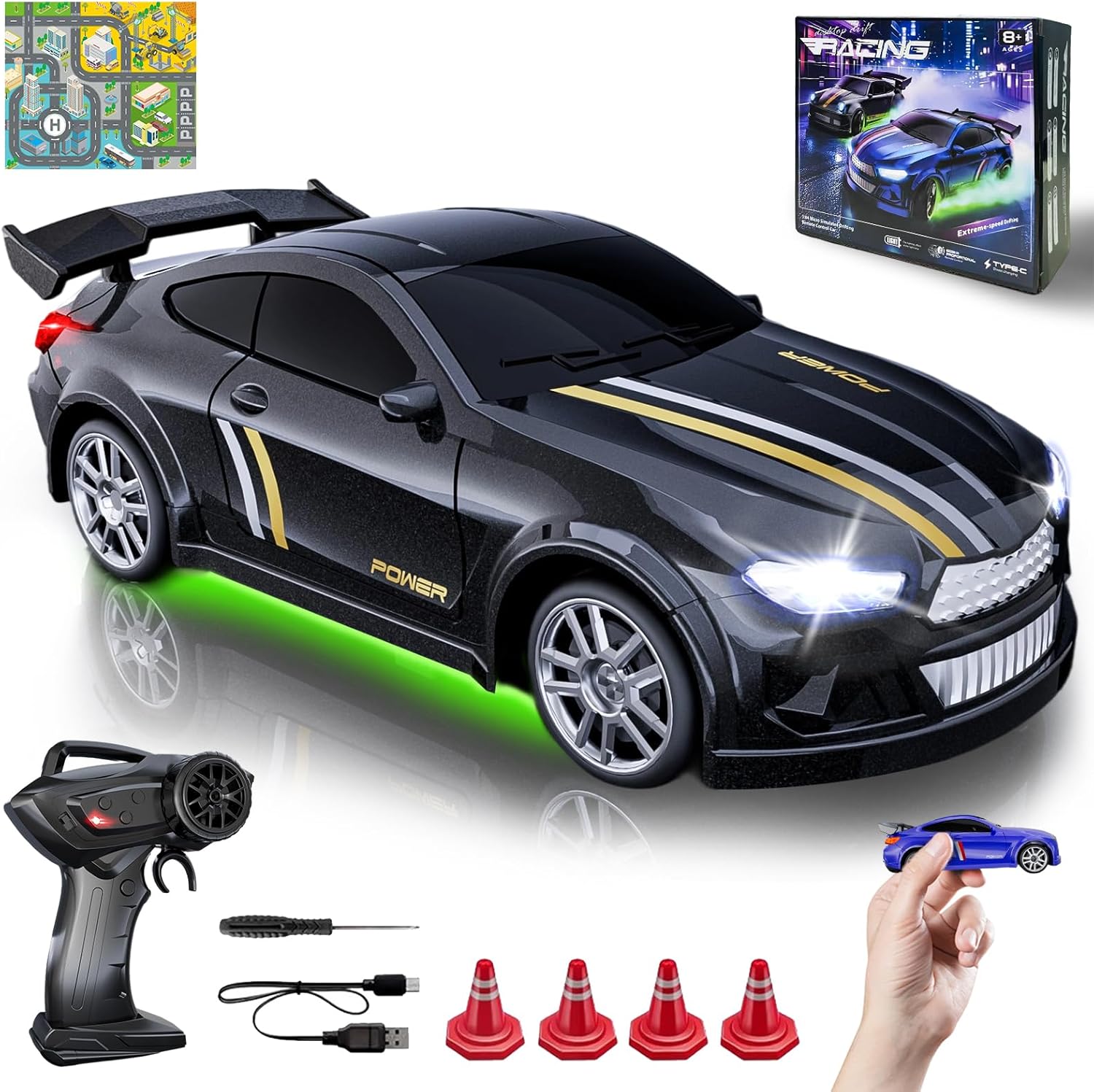 Mini RC Drift Car 1:64 Scale with LED Lights for Thrilling Fun