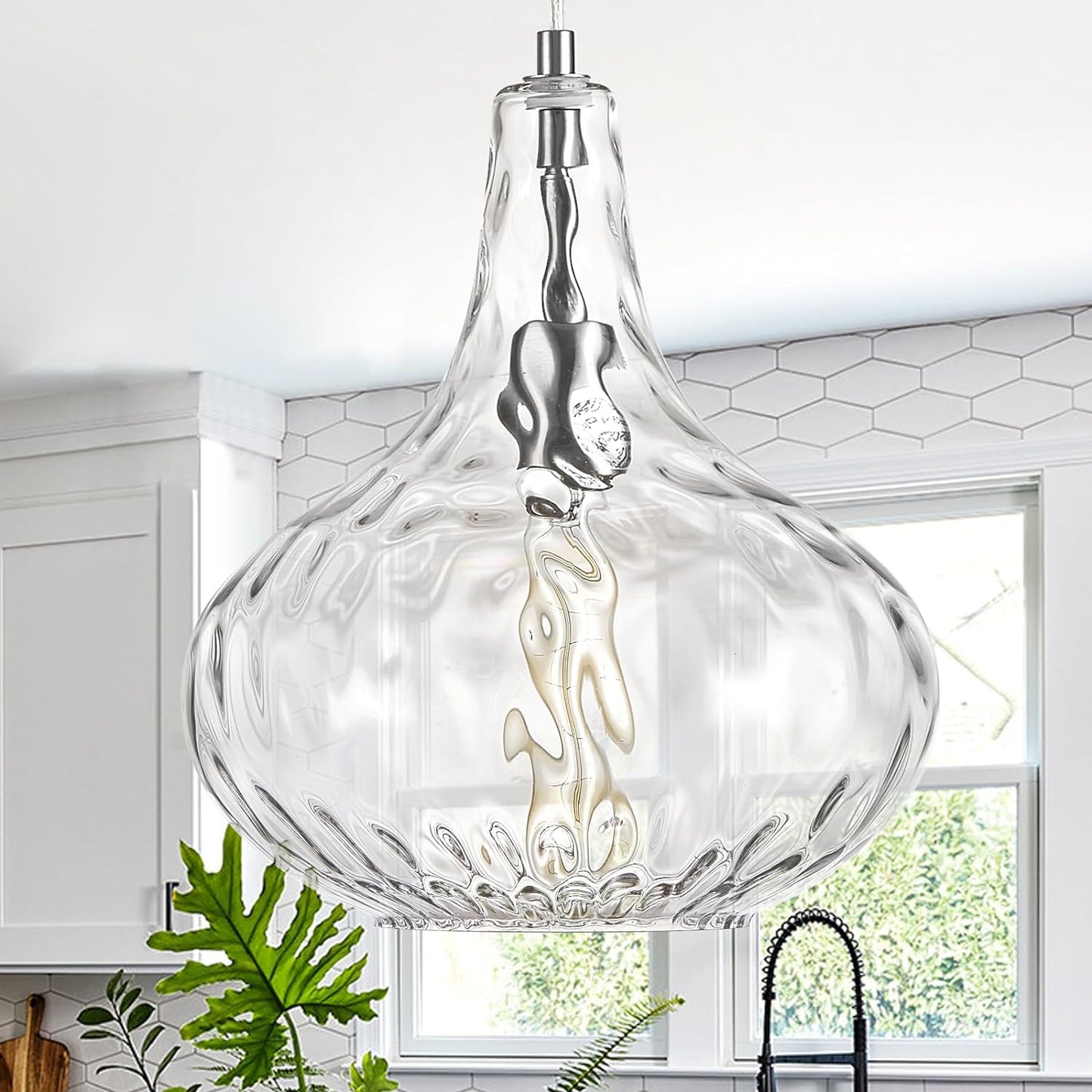 Brushed Nickel Hammered Glass Pendant Light for Home Decor