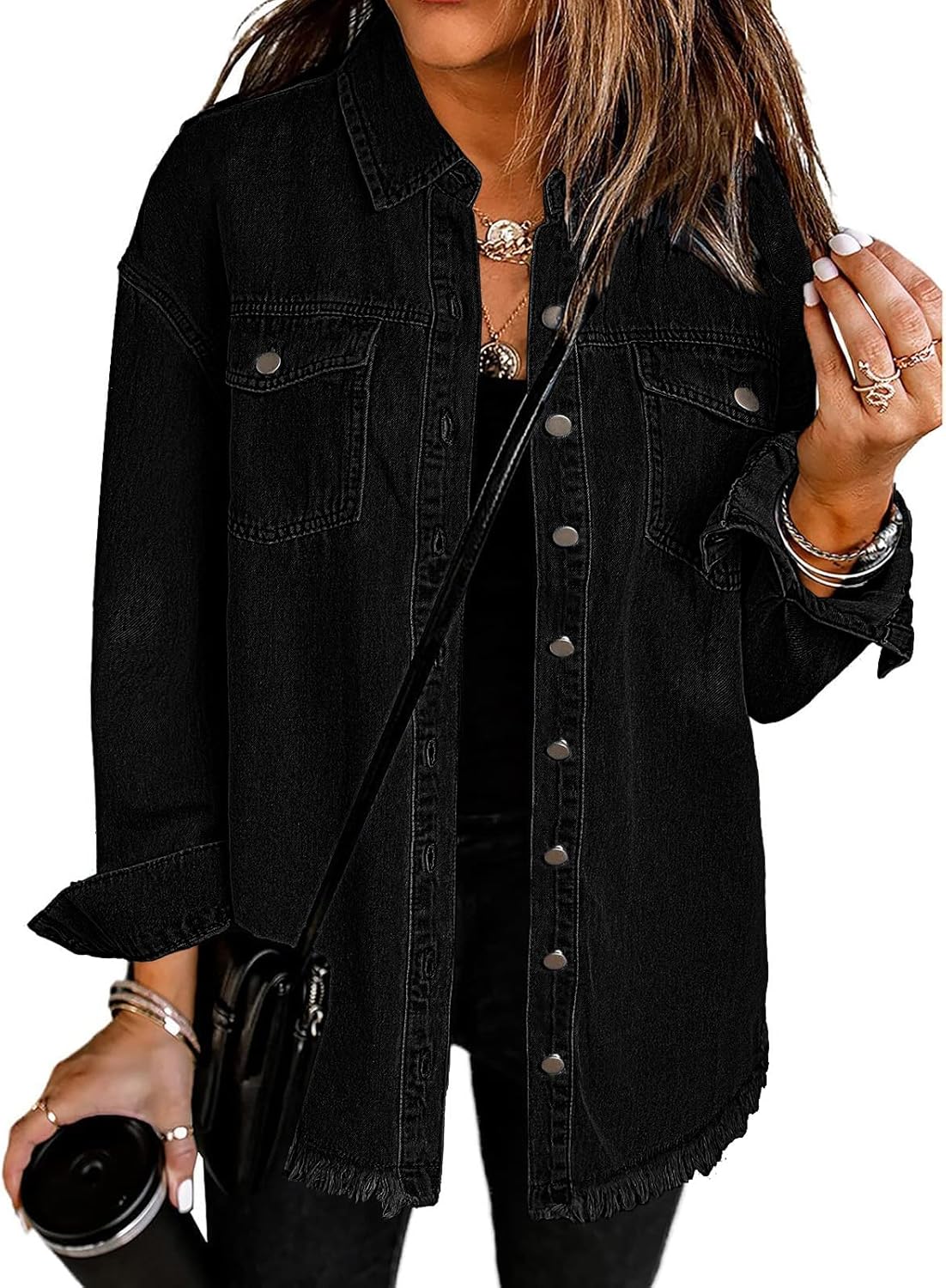 Oversized Button Up Frayed Hem Shacket for Women Casual Style