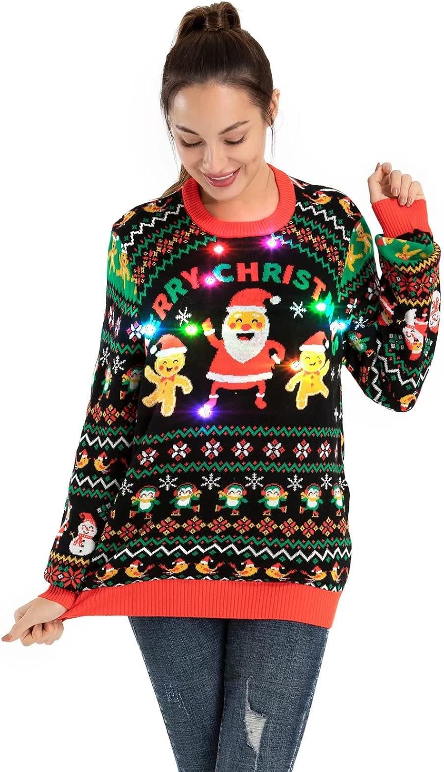 LED Ugly Christmas Sweater for Women and Men - Light Up Fun
