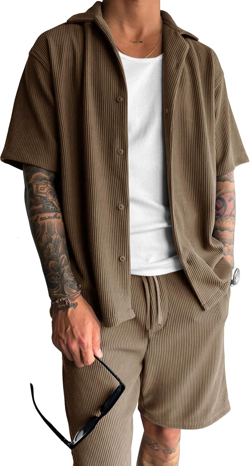 URRU Men's Casual Button Down Shirt and Shorts Set for Summer