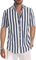 Men's Casual Short Sleeve Button-Up Striped Cotton Shirt - Lightweight