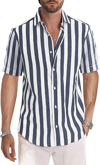 JMIERR Men's Casual Stylish Short Sleeve Button-Up Striped Shirt