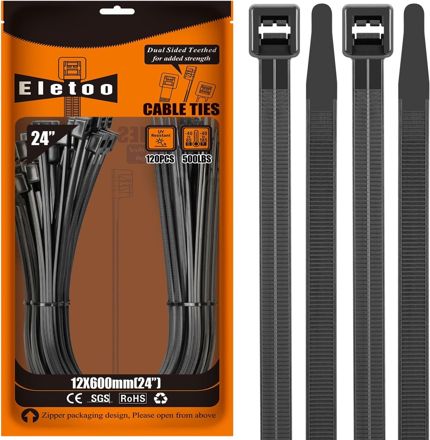 Eletoo 24 Black Zip Ties 120 Pack - 500 lbs Tensile Strength, Heavy Duty, UV Resistant