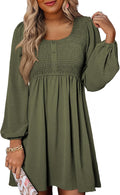 Dokotoo Womens Casual Smocked Crewneck Button Up Mini Dress