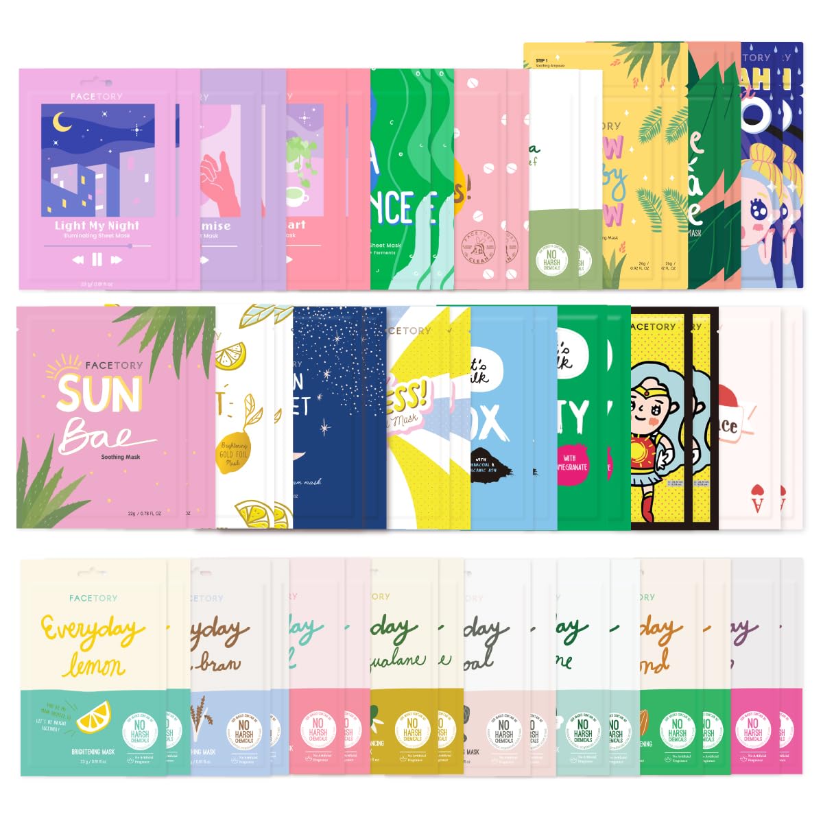 FACETORY K Beauty Face Mask Set for All Skin Types - 50 pc