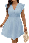 Plus Size Ruffle Cap Sleeve Lace V Neck Embroidery Eyelet A Line