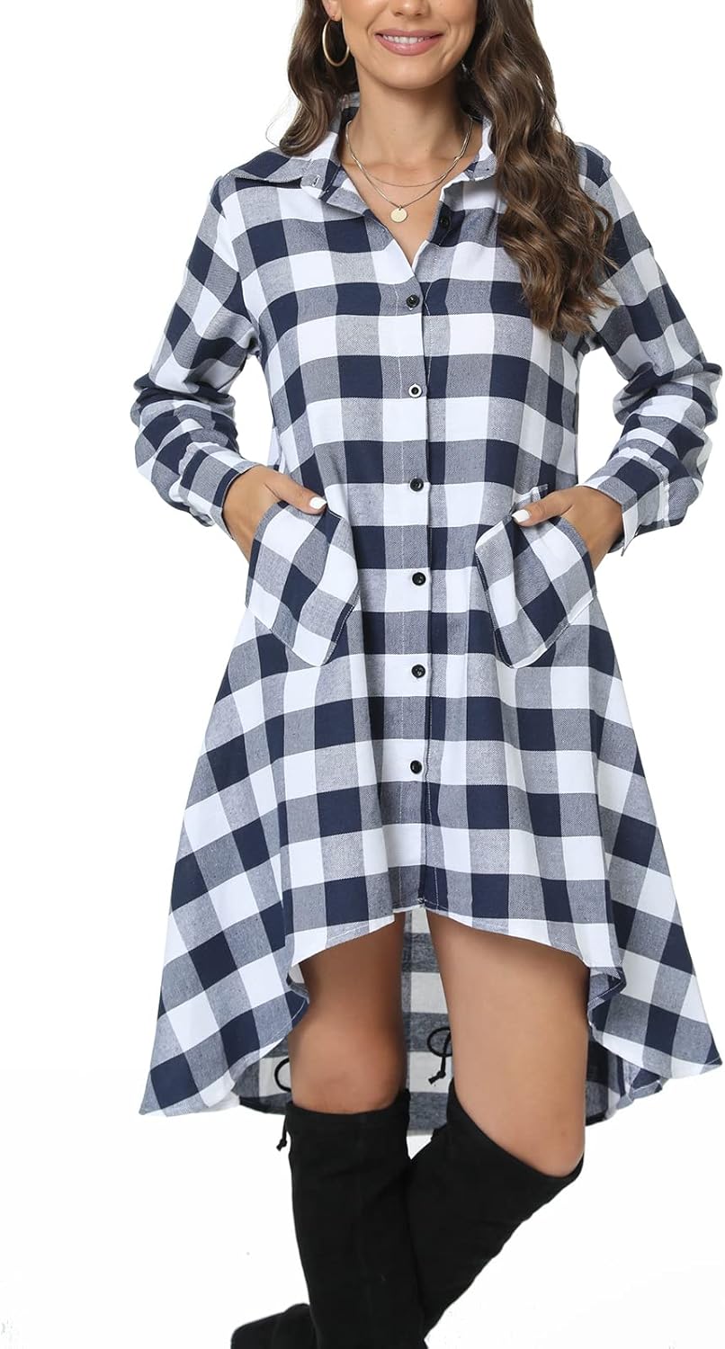 Stylish Plaid V Neck Long Sleeve Irregular Hem Shirt Dress