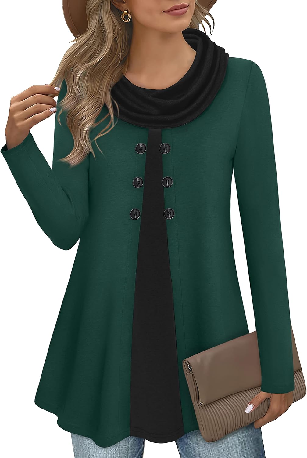 Bebonnie Womens Long Sleeve Cowl Neck Splicing Tunic Tops