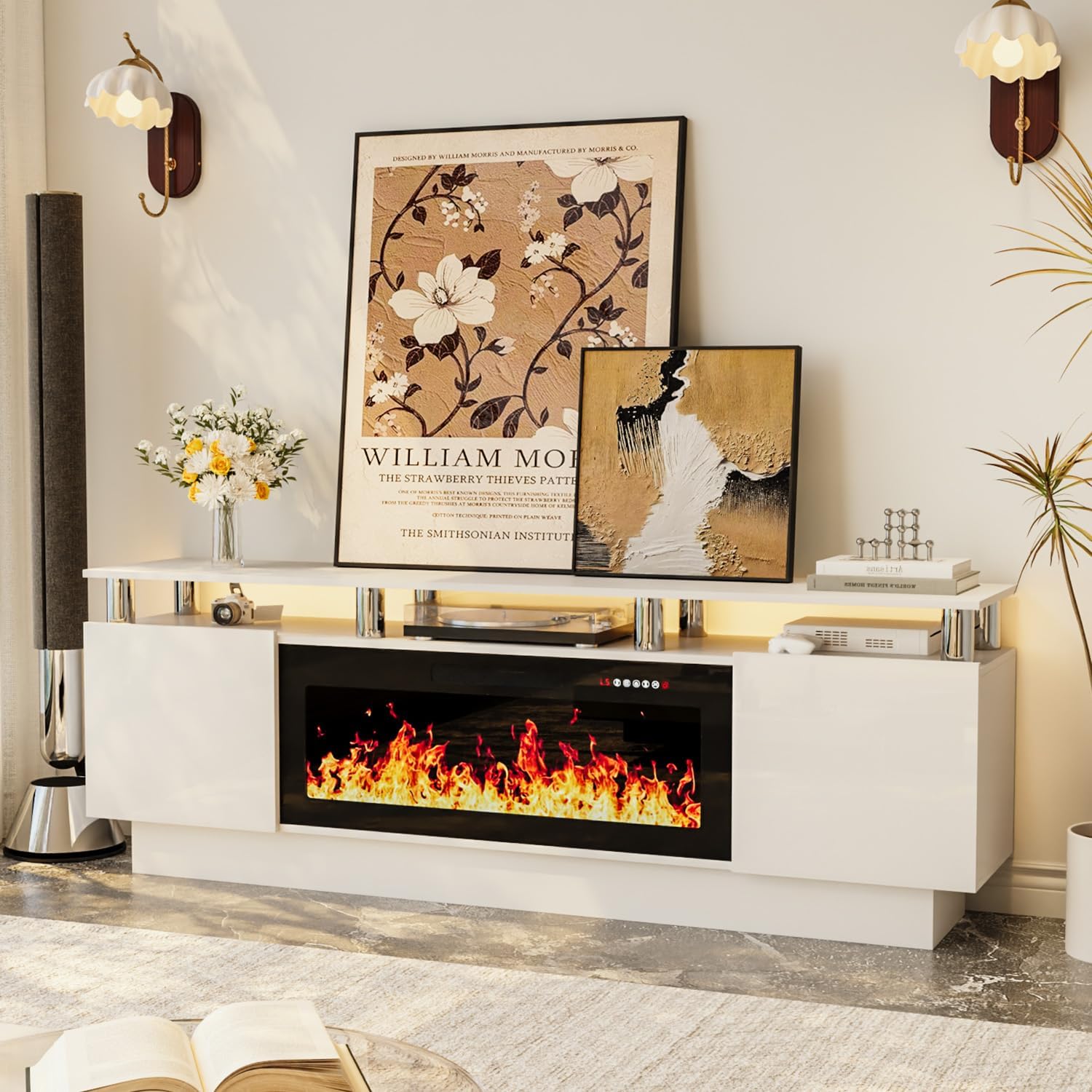 Modern 70 LED Fireplace TV Stand, White, Storage Cabinets, PRETZI