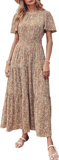 Women's Boho Floral Smocked Waist Maxi Dress - Flowy Summer Style Neck