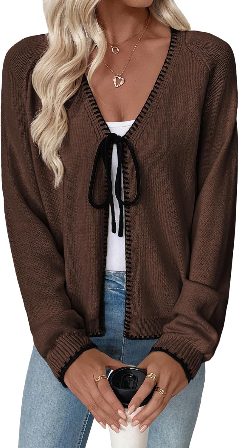 Trendy V Neck Long Sleeve Open Front Cardigan for Women