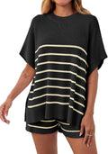 Fisoew Women's Striped 2 Piece Oversized Batwing Short Sleeve Set