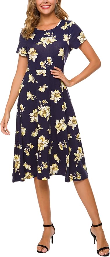 Urban CoCo Women's Floral Print Short Sleeve Flared Midi Dress Review