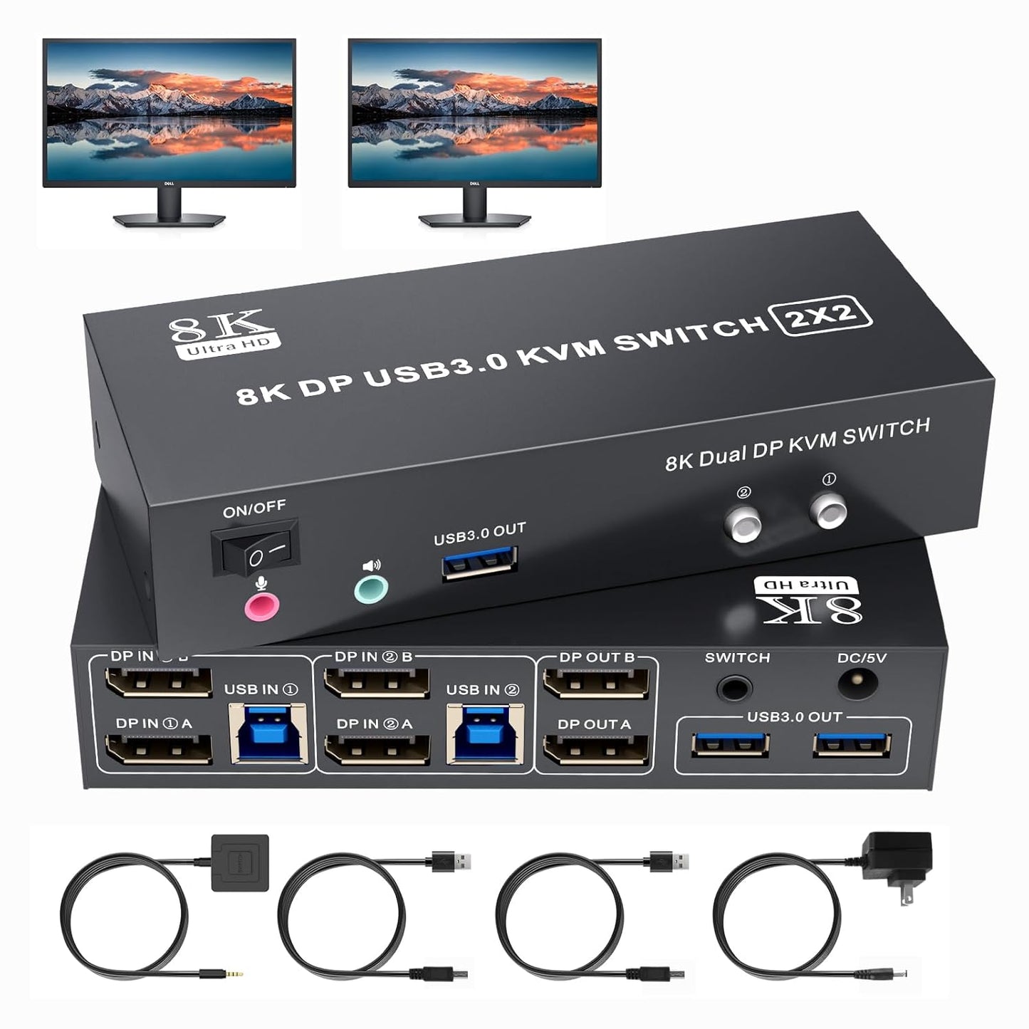 8K Displayport KVM Switch for 2 Monitors and 2 Computers
