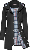 Women Lightweight Rain Jacket Hooded Plaid Lined Trench Coat