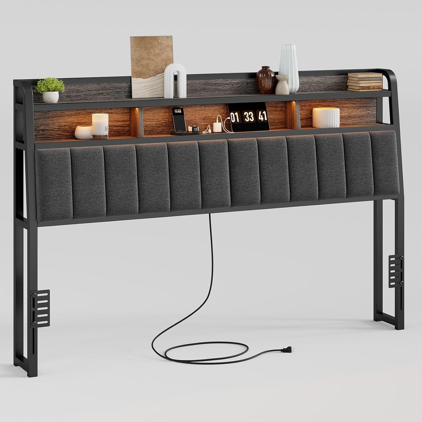 Ergonomic Headboard for King Size Bed with Storage and Outlets