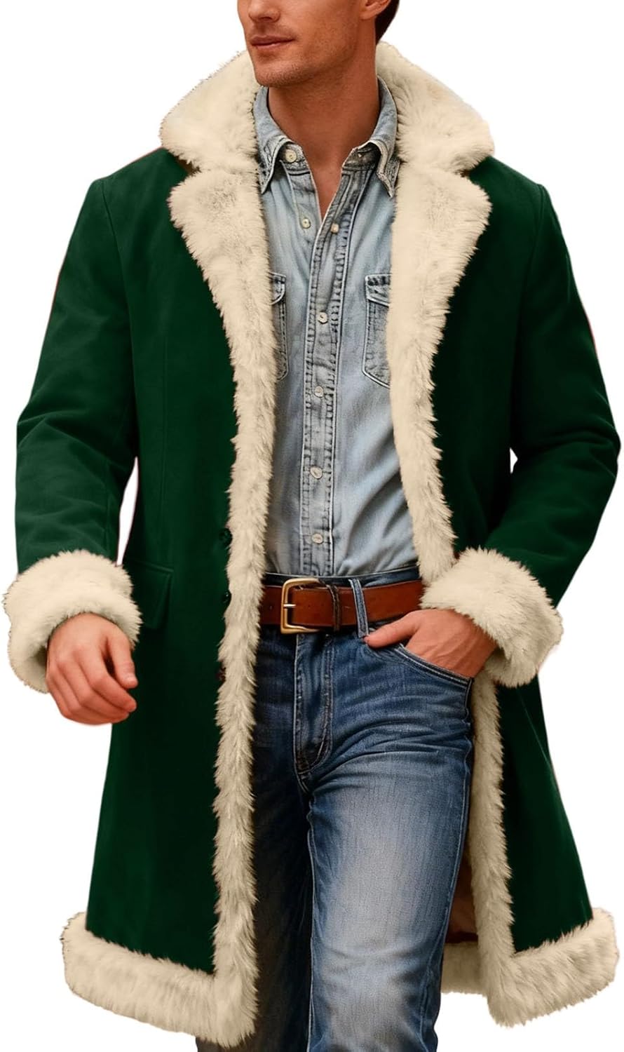 Men's Santa Coat Fleece Lined Long Cardigan for Christmas Fun