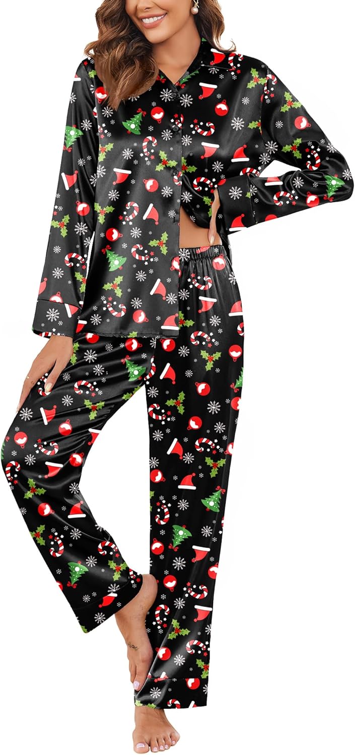 Ekouaer Classic Satin Pajamas for Women Long Sleeve Sleepwear