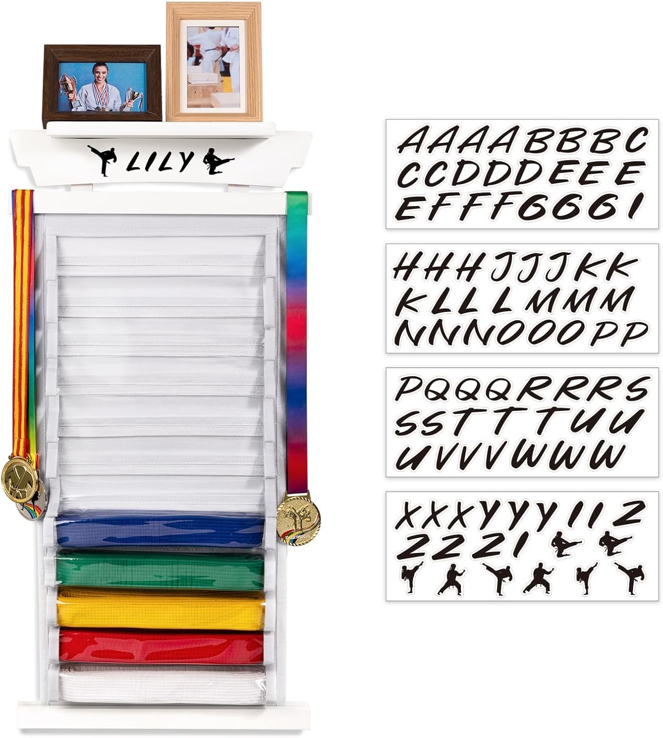 Karate Belt Display Rack with Photo Shelf for Martial Arts
