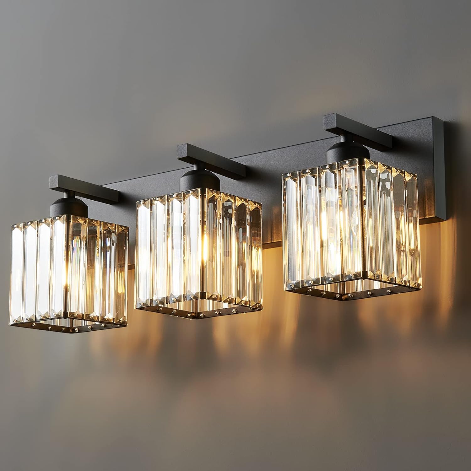 Modern Bathroom Vanity Light with 3-Lights in Black Crystal