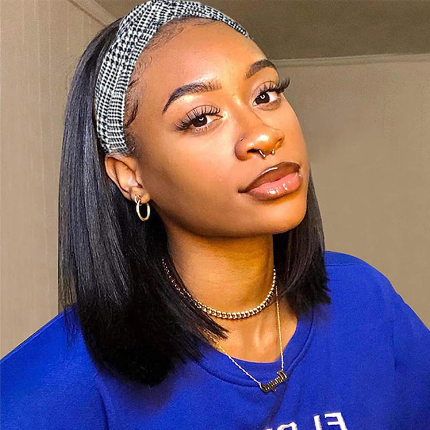 Headband Wig Human Hair Straight for Black Women - 12 Inch