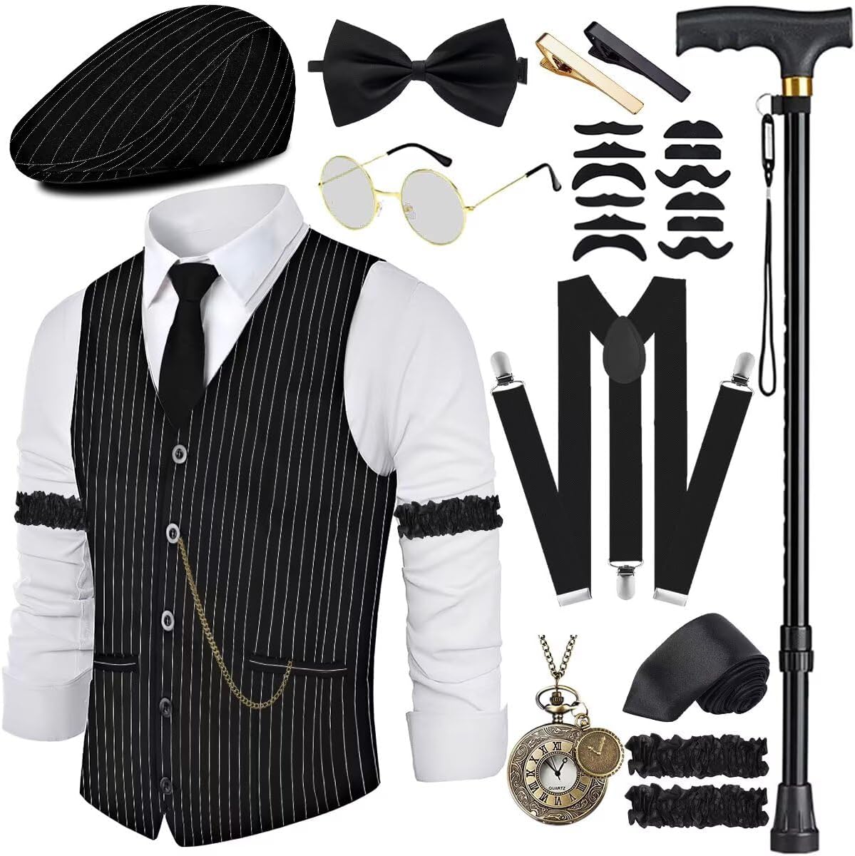 1920s Mens Costume Set with Vest, Suspenders, and Accessories