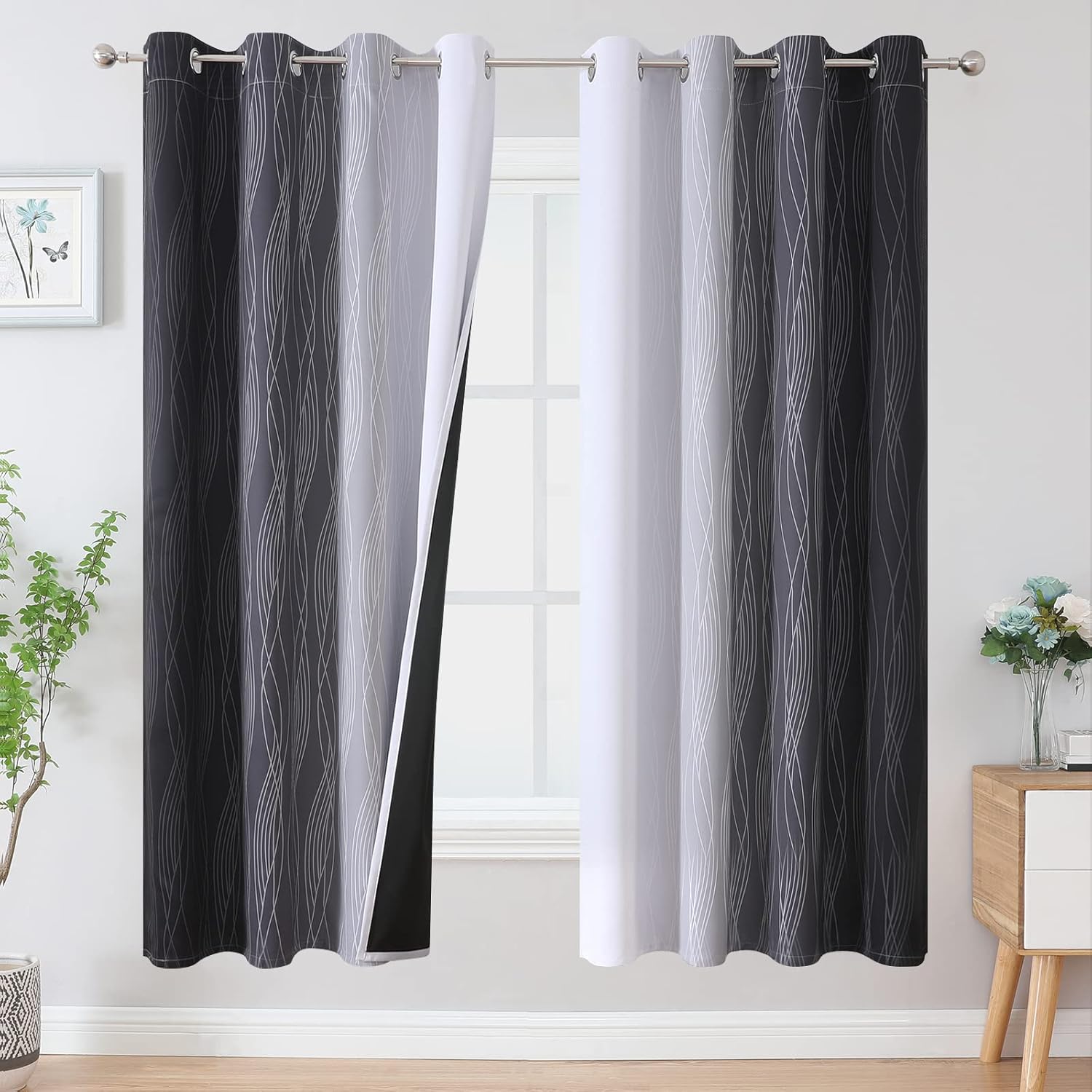 Ombre Greyish White and Black Blackout Curtains for Bedrooms