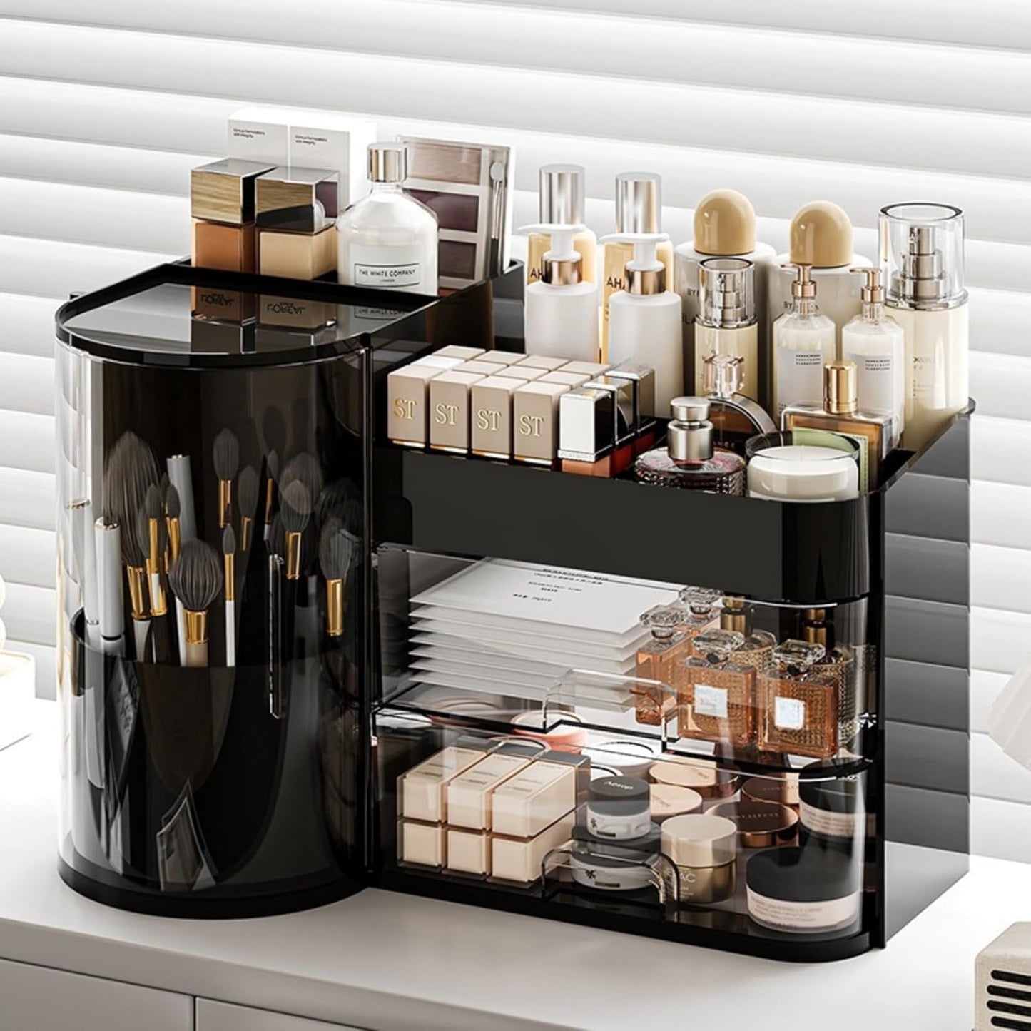 Makeup Organizer with Rotating Brush Holder for Vanity Storage