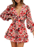 Deep V Neck Knotted Tiered Chiffon Mini Dress - Elegant Swing