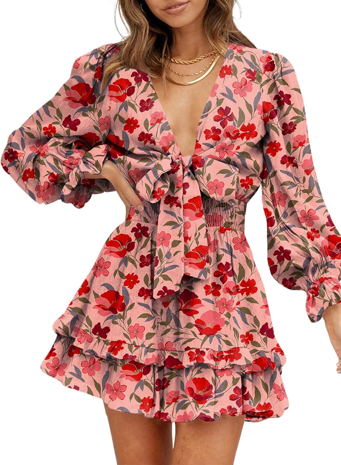 Dokotoo Womens Casual Deep V Neck Knotted Mini Swing Dress