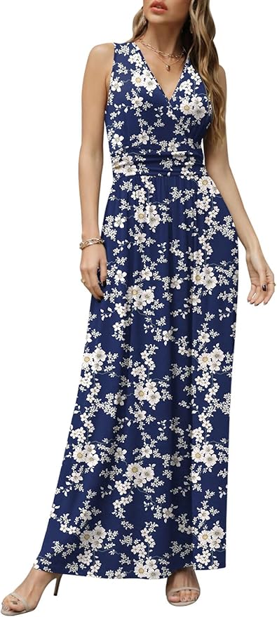 CATHY Women's Casual Sleeveless Deep V-Neck Maxi Dress with Pockets