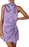 Women's Short Satin Mock Neck Dress with Tie Waist - Summer Cocktail