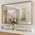 60x28 in Rounded Rectangle Bathroom Mirror with Wood Grain Metal Frame