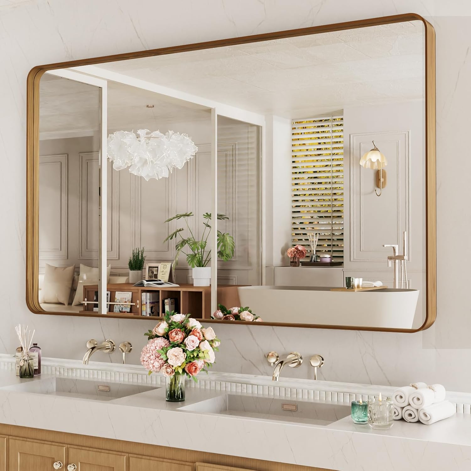 60X28 Inch Bathroom Mirror with Wood Grain Metal Frame