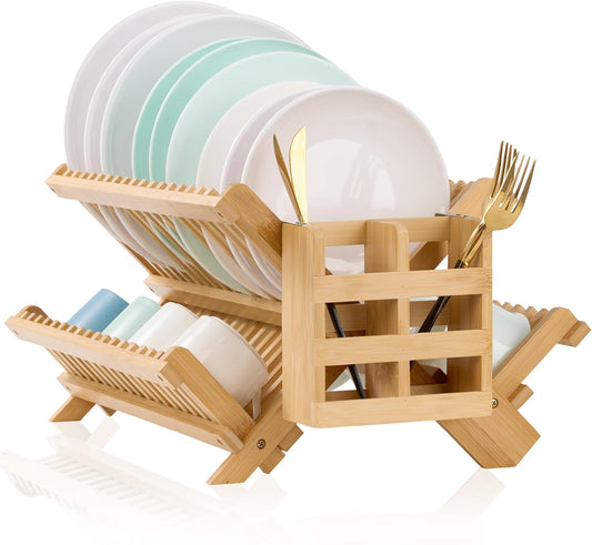 Bmaboo 3-Tier Collapsible Wooden Dish Drying Rack for Kitchen