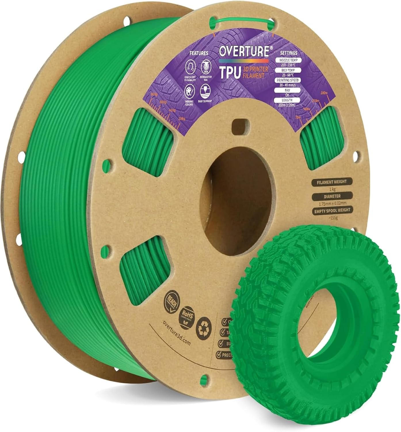 Overture TPU Filament 1.75mm Flexible Roll for 3D Printing