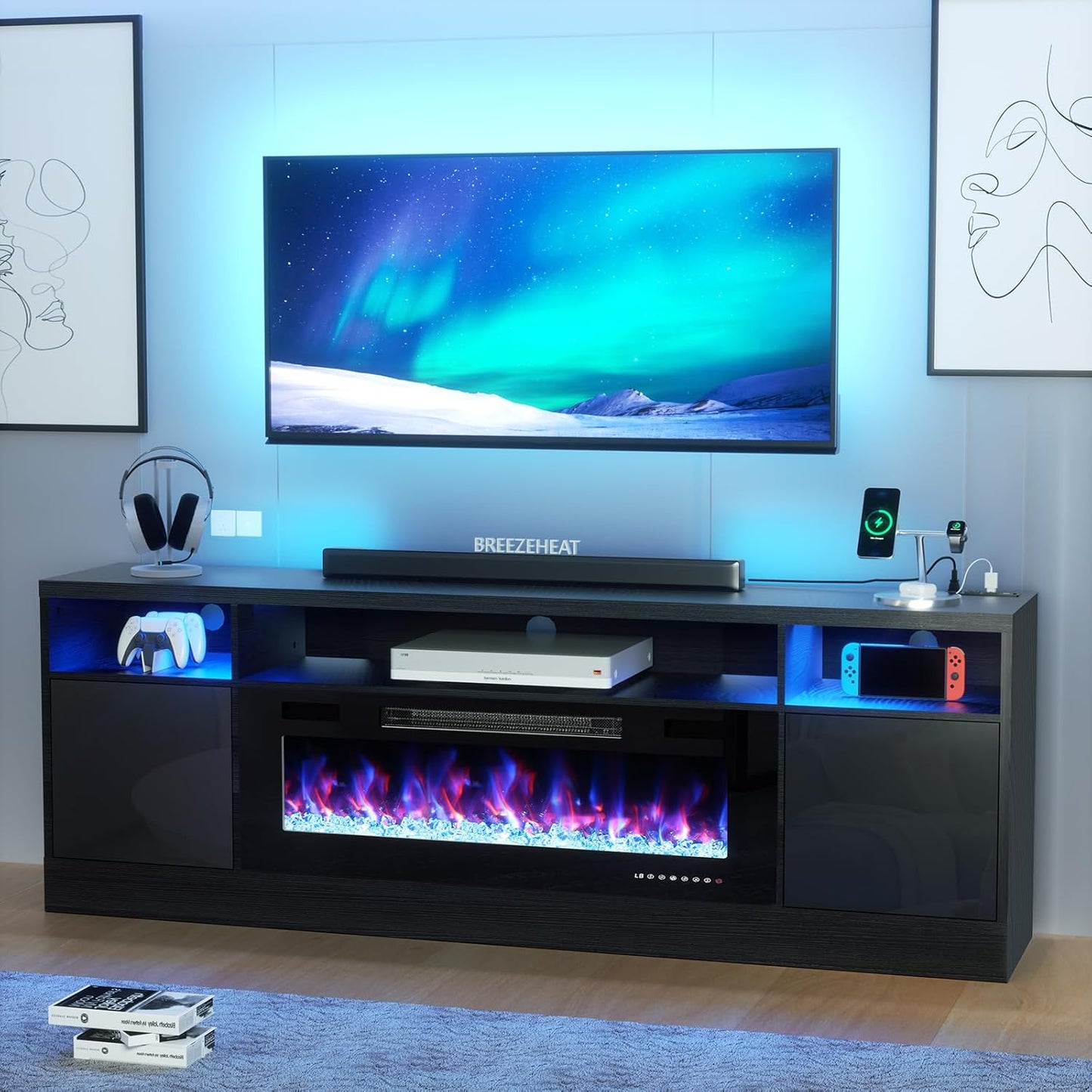 70 Electric Fireplace TV Stand-Big Screen Entertainment-Modern Storage Console-Black