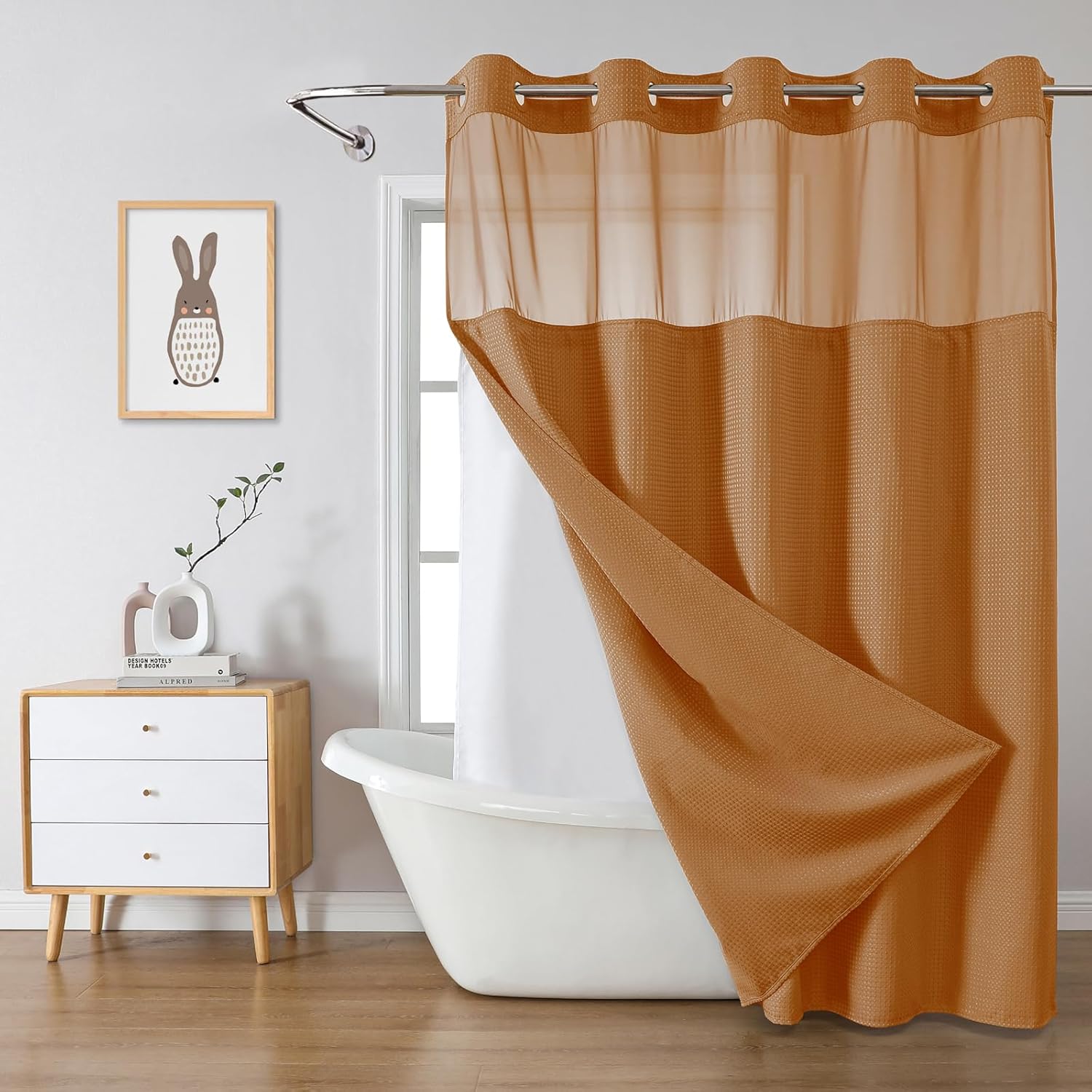 BurntOrange No Hook Waffle Weave Shower Curtain for Modern Decor