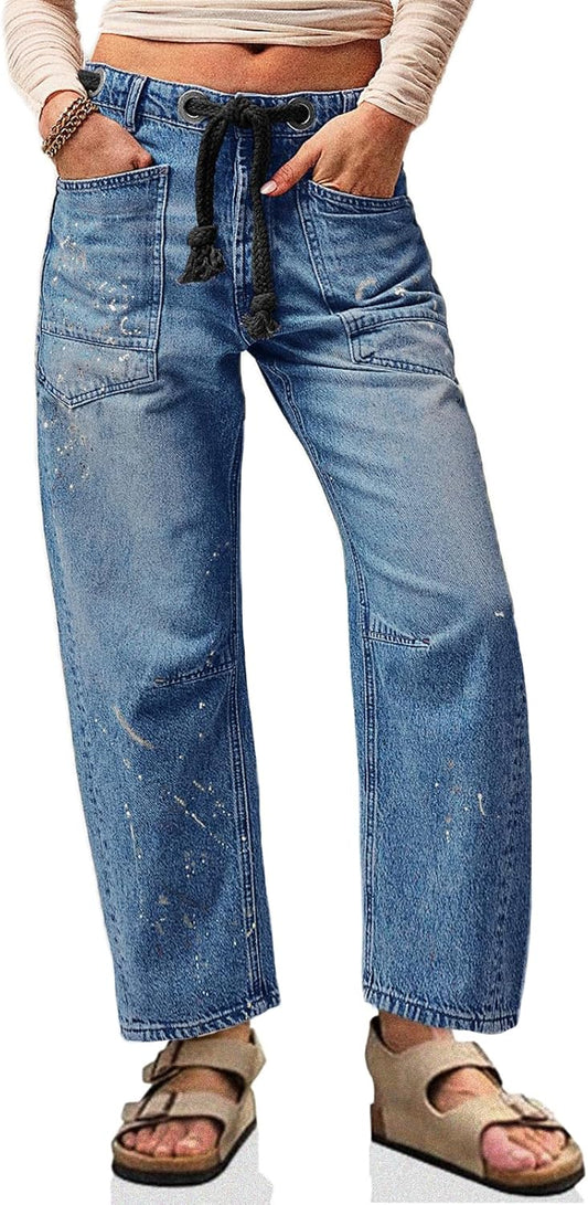 Cicy Bell Womens Baggy Barrel Horseshoe Jeans for Vintage Style