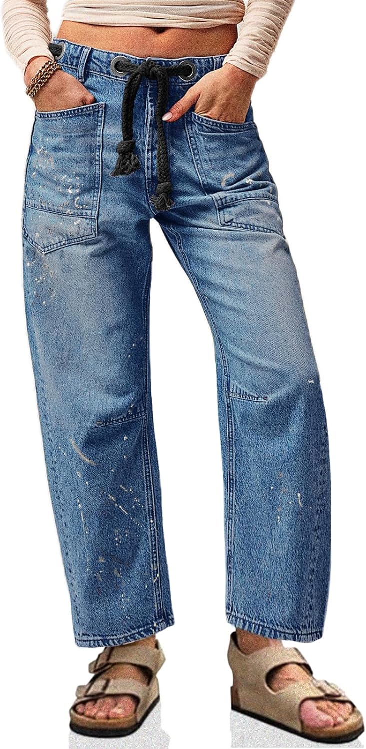 Cicy Bell Womens Baggy Barrel Jeans with Drawstring and Pockets