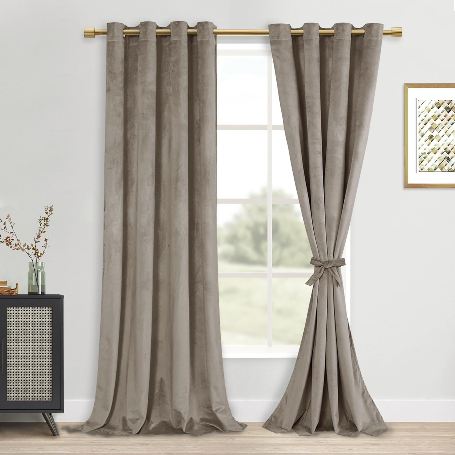 Taupe Velvet Curtains 96 Inches with Tiebacks for Elegant Rooms