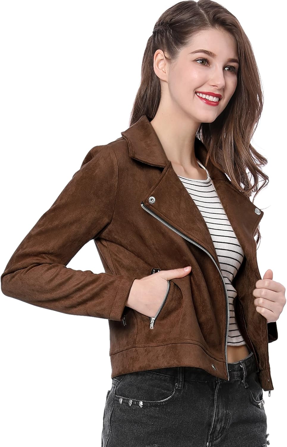 Allegra K Women's Short Soft Zip Up Faux Suede Biker Jacket