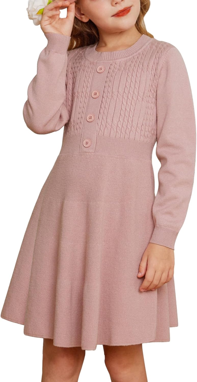 GRACE KARIN Girl Dress Long Sleeve Sweater Ruffle Button Front